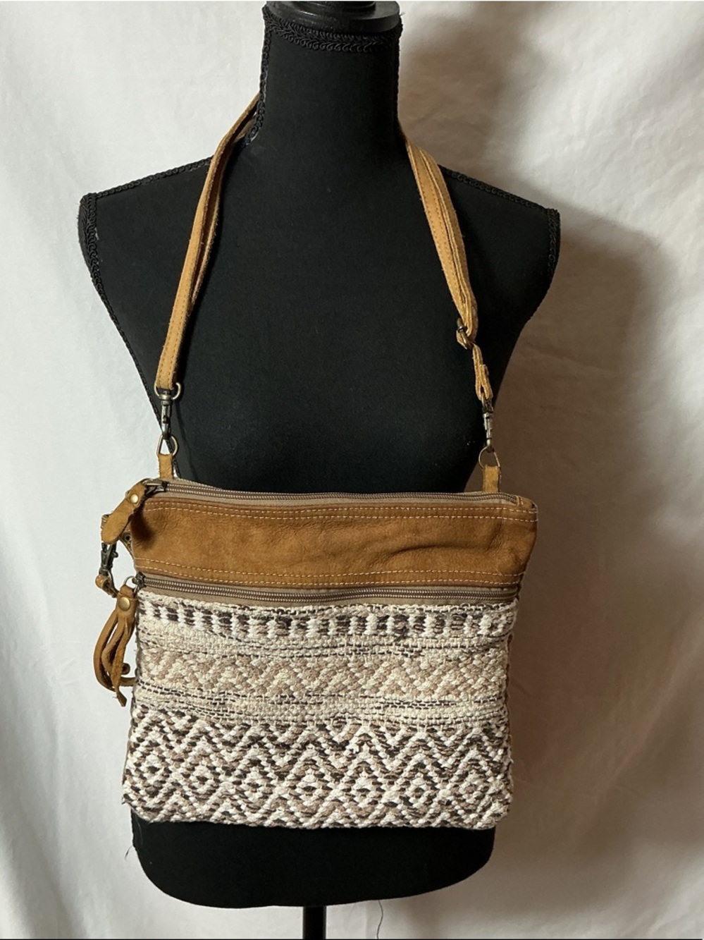 Myra Bag Tan & Cream Woven Crossbody with Suede Trim